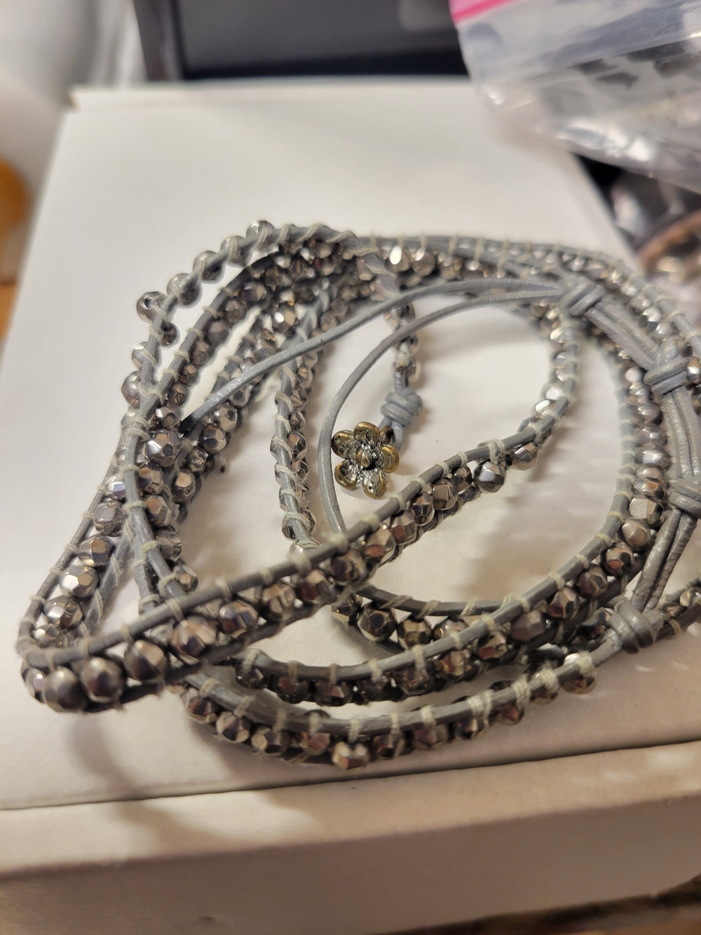 Silver Tone Faceted Beaded Wrap Bracelet • Multi-Strand Floral Accent Boho Long